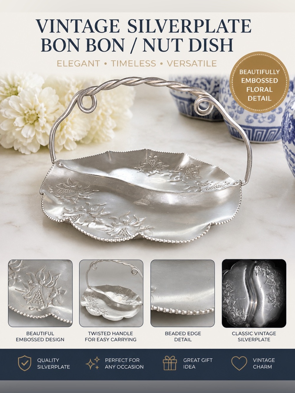 Vintage Silverplate Bon Bon Nut Dish with Handle - Silver